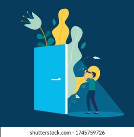 Vector illustration, support concept, young man looking ahead through an ajar door, support opportunity and chance