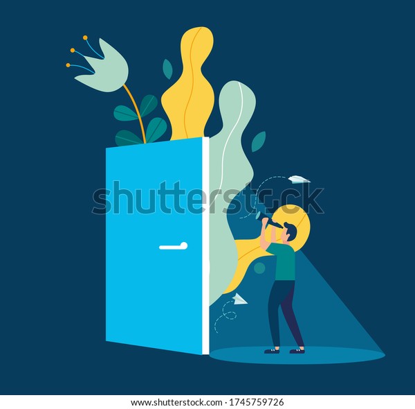 Vector\
illustration, support concept, young man looking ahead through an\
ajar door, support opportunity and\
chance