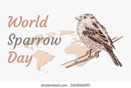 Vector illustration in support of conservation and protection of sparrows and ecology. Sparrow on a branch, design for World Sparrow Day and the importance of conservation.