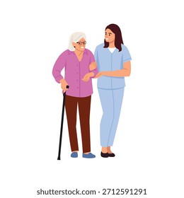Ilustración vectorial de apoyar a una mujer mayor. Escena de la historieta de una enfermera que ayuda a una mujer mayor canosa en gafas, con un bastón que camina aislado en el fondo blanco. Cuidar de los ancianos.
