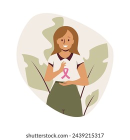 Ilustración vectorial de una mujer solidaria con una cinta rosa para la conciencia del cáncer de mama, sobre un telón de fondo frondoso