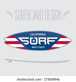 Vector illustration for surf board design. California west coast surfers label.