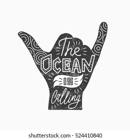 Vector illustration of surf hand. Silhouette isolated on white. Quote inspiration. Lettering design. Typography poster