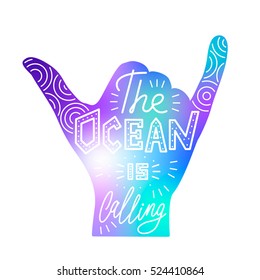 Vector illustration of surf hand. Silhouette isolated on white. Quote inspiration. Lettering design. Typography poster