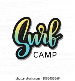 Vector illustration of "Surf" lettering on textured wood background. Hand drawn design for your company, cards, postcards, posters, banners, badges and prints. T-shirt design. EPS 10