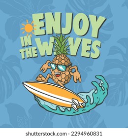 Vector illustration of surf rider cartoon pineapple with waves elements.