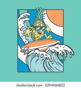 Vector illustration of surf rider cartoon pineapple with waves elements.