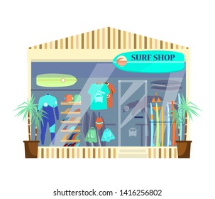 Vector illustration of surf shop exterior. Shop showcase. Surfing equipment. Surf boards, wetsuit, flippers, tails, clothes.