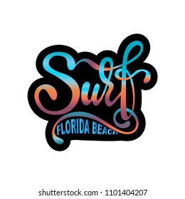 Vector illustration of Surf text for clothes design. Water sport badge, tag, icon. Surfing card, banner. Summer holidays calligraphy, lettering typography poster. T-shirt design template.