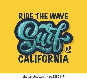 Vector illustration of Surf text for clothes design. Water sport badge, tag, icon. Surfing card, banner. Summer holidays calligraphy, lettering typography poster. T-shirt design template. EPS 10