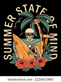 Ilustración vectorial del cráneo con temática de surf. Para camisetas, pegatinas y otros productos similares.