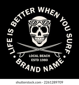 Vector illustration surf themed skull . For t-shirts, stickers and other similar products.