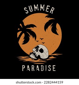 Ilustración vectorial calavera temática de surf, cráneo tropical para diseño de camisetas