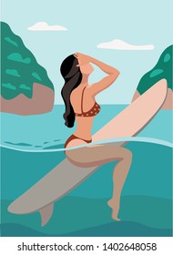 Vector illustration. Surf woman relax and floating with surfboard. Surfgirl in ocean.