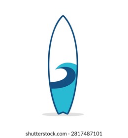 A vector illustration of a surfboard featuring a blue wave design inside the board shape set against a plain background