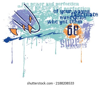 Vector illustration of surfboard fins on abstract background. Failed text and texture art with jagged brush strokes.