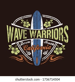 Vector illustration of surfboard and hibiscus on shield.