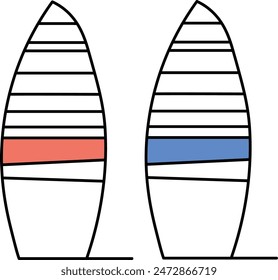 Vektorillustration eines Surfbretts auf weißem Hintergrund. Clipart. Aufkleber für Sommer-Banner, Visitenkarten.
