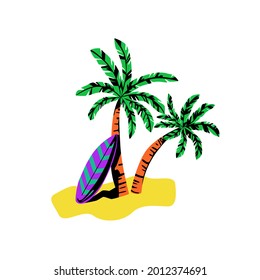 Vector illustration with a surfboard and palm trees on a sandy beach. The concept of summer outdoor activities, surfing, water sports. It can be used in logos, labels, advertising, posters, etc.