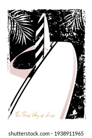 Vector illustration of surfboard part with keel and text alluding to surfing. Art for print on t-shirts and etc ...