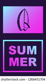 Vector Illustration of Surfboard Summer Poster with Synth or Retro Wave Style. Graphic Design for Background, Template or Layout. 