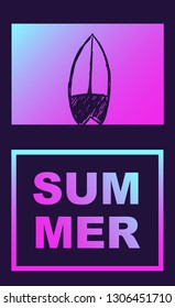 Vector Illustration of Surfboard Summer Poster with Synth or Retro Wave Style. Graphic Design for Background, Template or Layout. 