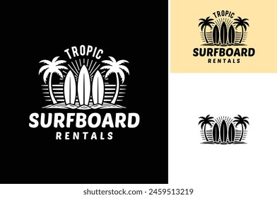 Vector illustration of Surfboard with Tropical Palm Coconut Trees and Beach sand for Summer Surf logo design