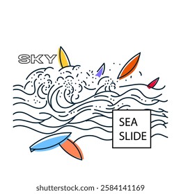 Vector illustration of surfboard and wave on the sea. Line art design.