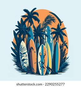 Vector Illustration of surfboards on the beach with palm trees and colors for surf courses