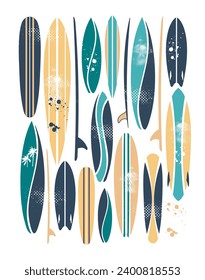 Vector illustration of surfboards set. Art in graphic style.