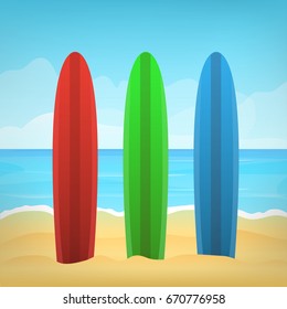 Vector illustration of surfboards and summer beach for decoration and covering. Concept of surfing and vacation.