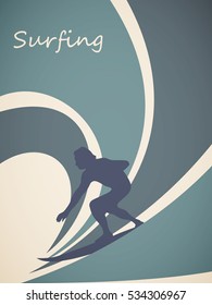Vector illustration surfer and big wave. Retro style