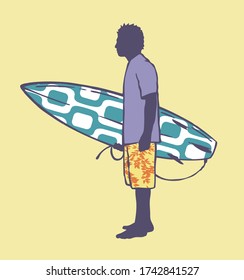 Vector illustration of surfer with board in cartoon style.