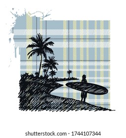 Vector illustration of surfer with board in sketch style, stripped, with imaginary landscape.