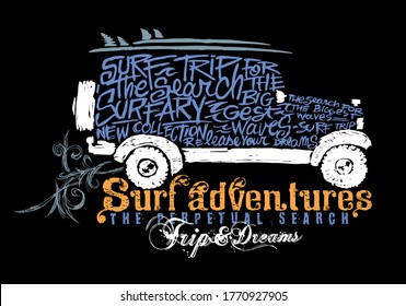 Vector illustration of surfer car formed by words with allusion to surf on dark background.