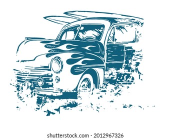 Vector illustration of surfer car in rustic and irregular strokes. Art for prints on t-shirts, posters, etc...