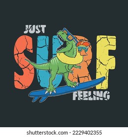 Vector illustration of surfer cartoon dinosaur and typography. For boy t-shirt 