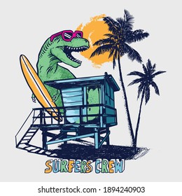 Vector illustration of surfer dinosaur and seashore with palm trees