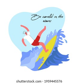 Vector illustration of Surfer Falling from a yellow Surfboard on Wave. Concept of Surf, Danger, problems when riding on the Waves. There is a place for text. It can be used for banners, posters, etc.