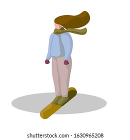 Vector illustration. Surfer girl on the surfboard. Surfing poster. Longboard woman surfing. Winter. white background