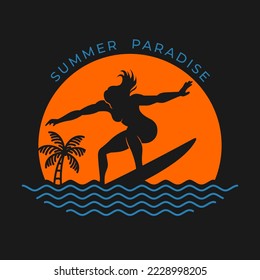 Vector illustration of surfer girl on the surface of the sea with sunset background