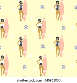 Vector illustration. Surfer girl with surfboard. Surf poster. Summertime. Pattern 