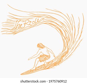 Vector illustration of surfer going down the wave in cartoon style, with stripped and irregular strokes.