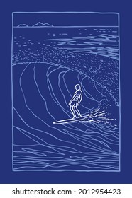 Vector illustration of surfer going down a wave. Art in simple and stripped lines.