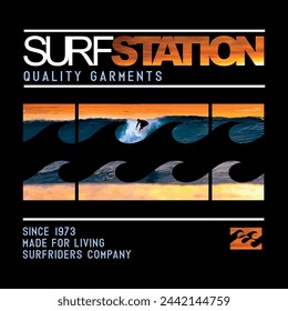 Vector illustration of surfer lettering and silhouette. Art alluding to the sport of surfing for prints on t-shirts, posters, etc.