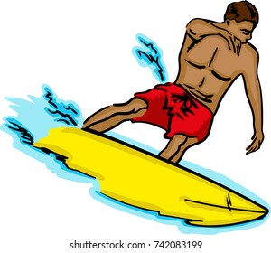 Vector illustration of a surfer, man riding on surfboard.