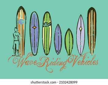 Vector illustration of surfer and old boards. Art for prints on t-shirts, posters, etc...