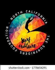 Vector illustration of surfer on geometric background.