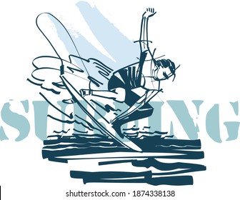 the vector illustration of the surfer on the surfing board