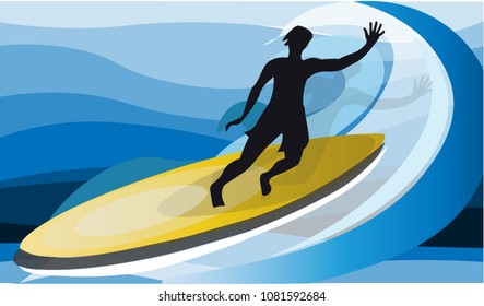 
Vector Illustration Surfer on the Wave in the Blue Ocean